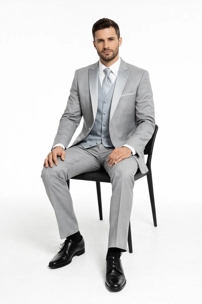 Light Gray Slim Fit 2 Piece Tuxedo With Satin Peak Lapel