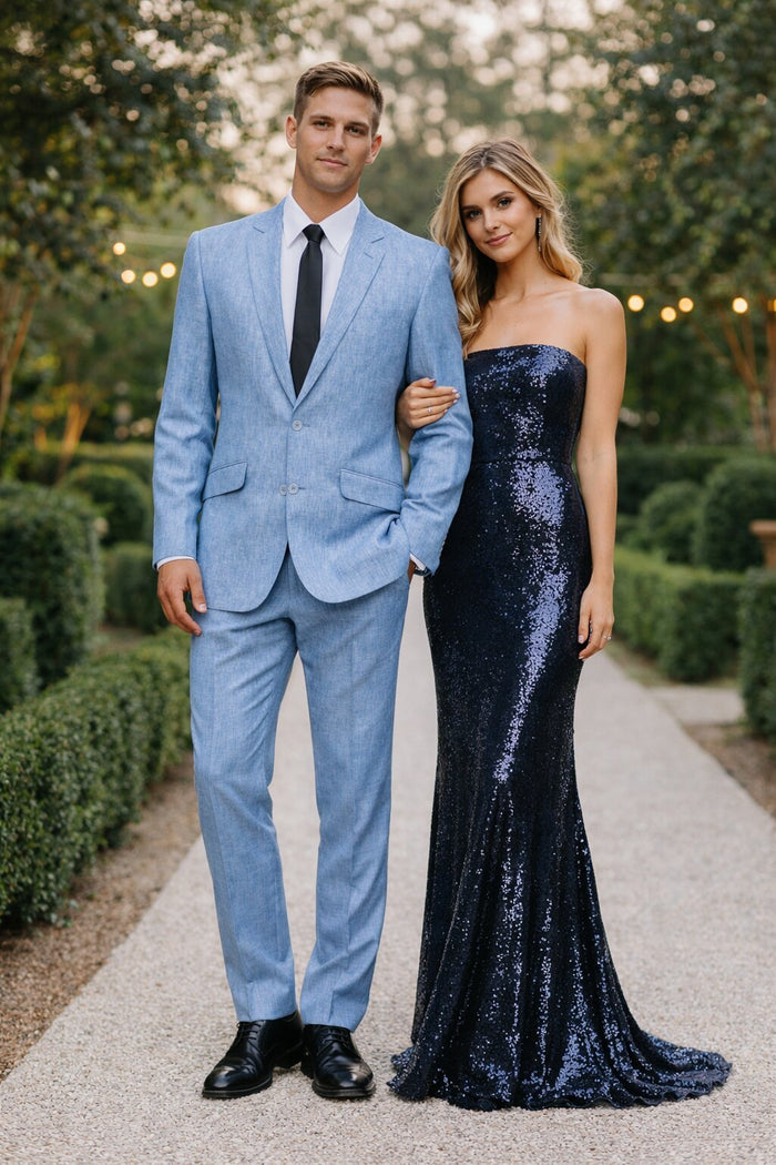 New Mens 2 Piece Luxurious 100% Mens Linen Suit - Cheap Priced Business Suits Clearance Sale 2 Buttons Blue