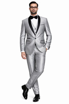 Men'S Shiny Sharkskin Tuxedo Silver Gray ~ Light Grey Black Lapel Two Toned Vested Tuxedo - Mens Grey And Black Tuxedo Wedding - Charcoal Grey Tuxedo - Image 8