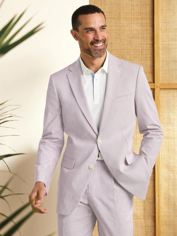 Mens Lavender Seersucker Suit Blazer + Pants Cotton Fabric - Summer Fabric in Purple color - Image 9
