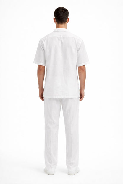 Men's White Linen 2 Piece Short Sleeve Casual Outfit Casual Two Piece Mens Walking Outfit For Sale Pant Sets Suit all white outfits for men