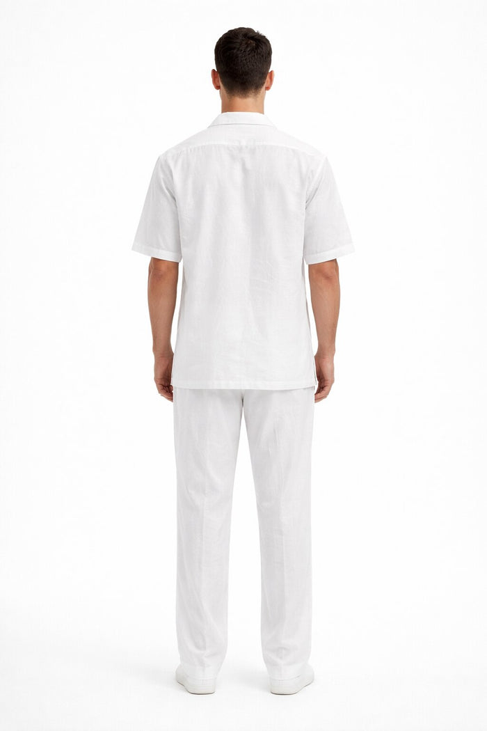 Men's White Linen 2 Piece Short Sleeve Casual Outfit Casual Two Piece Mens Walking Outfit For Sale Pant Sets Suit all white outfits for men