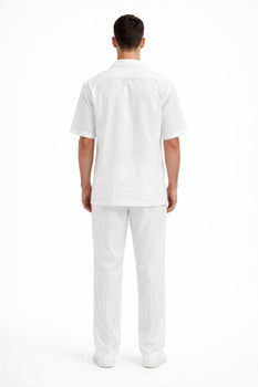 Men's White Linen 2 Piece Short Sleeve Casual Outfit Casual Two Piece Mens Walking Outfit For Sale Pant Sets Suit all white outfits for men