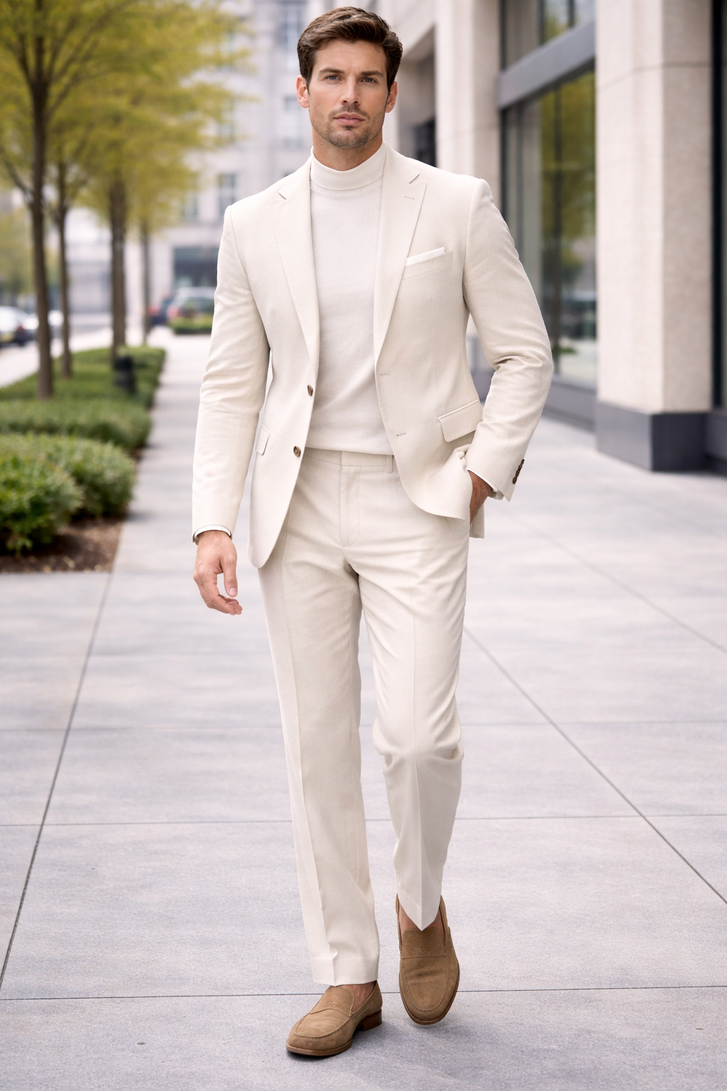 Linen Wedding Suit - Summer Fabric 2 Button  No Pleated Pants Jacket + Pants in Color Modern Fit