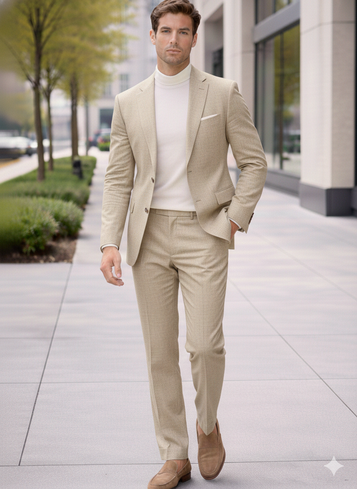 Linen Wedding Suit - Summer Fabric 2 Button  No Pleated Pants Jacket + Pants in Color Modern Fit
