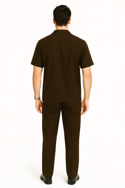 Mens Linen Suit - Mens Collared Button Closure Brown Short Sleeve Shirt Walking Leisure Suit - Image 2