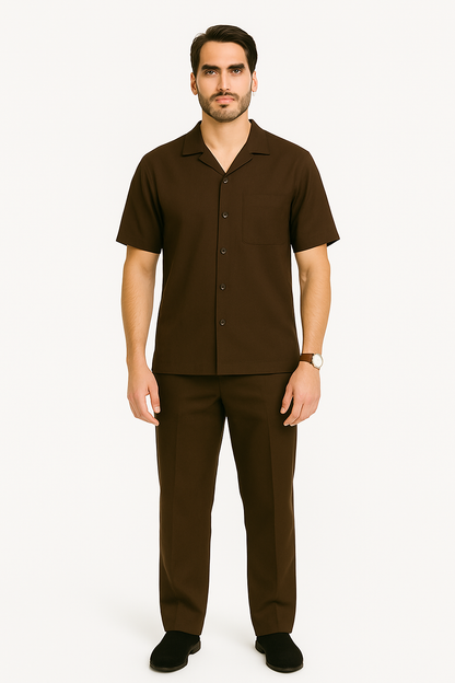 Mens Walking Suits Casual Two Piece Sets Summer Short Sleeve Shirt & Pants Casual Two Piece Mens Walking Suit Plus Matching Pants Outfit For Sale Pant Sets Casual Suit Set Men'S Suit 100% Mens Linen Suit - Fabric – Brown