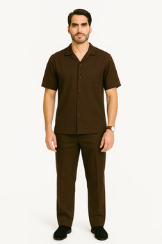 Casual Two Piece Mens Walking Outfit For Sale Pant Sets Suits Casual Two Piece Sets Mens Chest Pocket Solid Brown Mens Linen Suit - Short Set Short Sleeve Shirt + Pants