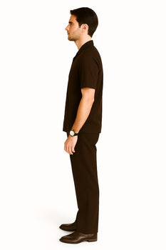 Casual Two Piece Mens Walking Outfit For Sale Pant Sets Suits Casual Two Piece Sets Mens Chest Pocket Solid Brown Mens Linen Suit - Short Set Short Sleeve Shirt + Pants - Image 4