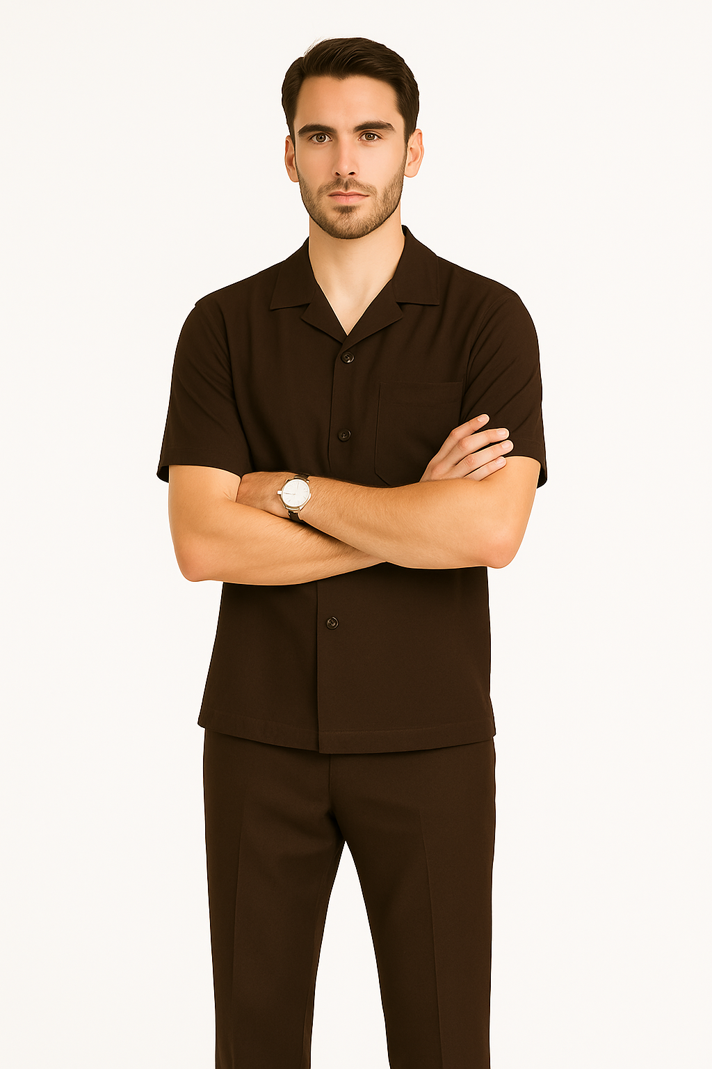 Mens Linen Suit - Mens Collared Button Closure Brown Short Sleeve Shirt Walking Leisure Suit - Image 7