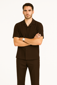 Mens Linen Suit - Mens Collared Button Closure Brown Short Sleeve Shirt Walking Leisure Suit