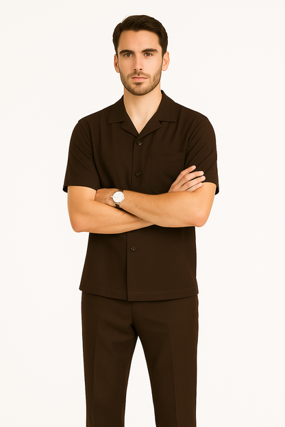 Mens Walking Suits Casual Two Piece Sets Summer Short Sleeve Shirt & Pants Casual Two Piece Mens Walking Suit Plus Matching Pants Outfit For Sale Pant Sets Casual Suit Set Men'S Suit 100% Mens Linen Suit - Fabric – Brown