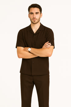 Casual Two Piece Mens Walking Outfit For Sale Pant Sets Suits Casual Two Piece Sets Mens Chest Pocket Solid Brown Mens Linen Suit - Short Set Short Sleeve Shirt + Pants - Image 5