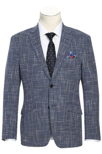 Saco vaquero - Western Sport Coat - Western Blazer - Mens Slim Fit Two Button Wool & Linen Sport Coat Blazer In Blue Windowpane Plaid