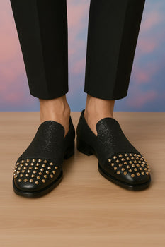 Men's Black Glitter Loafers with Spike Studded Toe – Designer Slip-On Dress Shoes for Parties and Events - Image 2