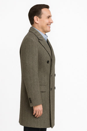 Mens Long Herringbone Wool Overcoat – Classic Double-Breasted Winter Topcoat - Image 2