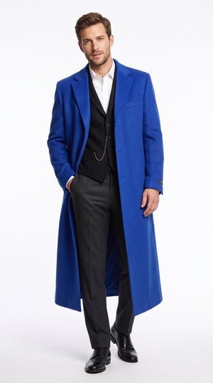 Men’s Royal Blue Long Overcoat, Soft Wool Dress Topcoat Winter Formal Coat
