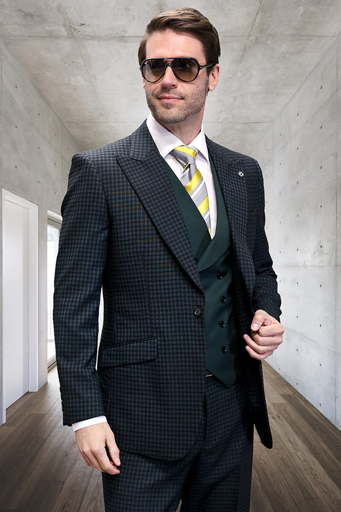 Mens Hunter Green Suit - Mens Designer One Button Peak Lapel Vested Wool Suit in Hunter Green Mico Plaid Modern Fit