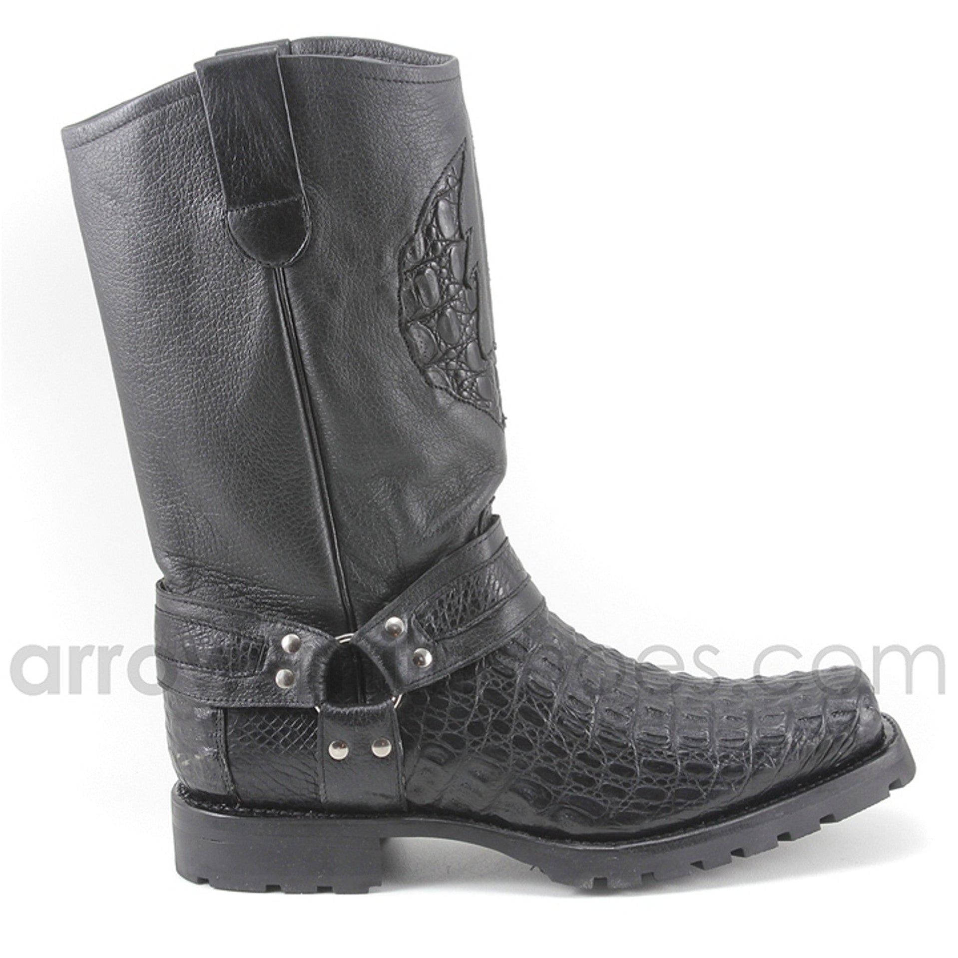 Los Altos Men's Black Genuine Caiman Leather Biker Boots — MensUSA