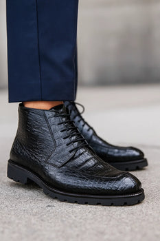 Los Altos Black Genuine Caiman Crocodile Hornback Ankle Boots