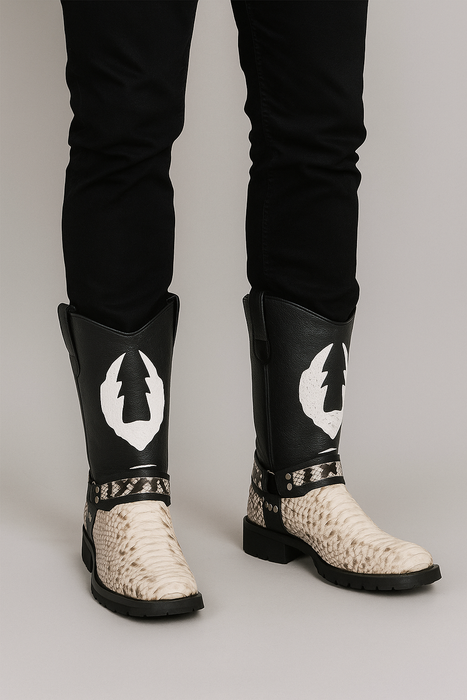 Los Altos Natural & Black Python Biker Boots