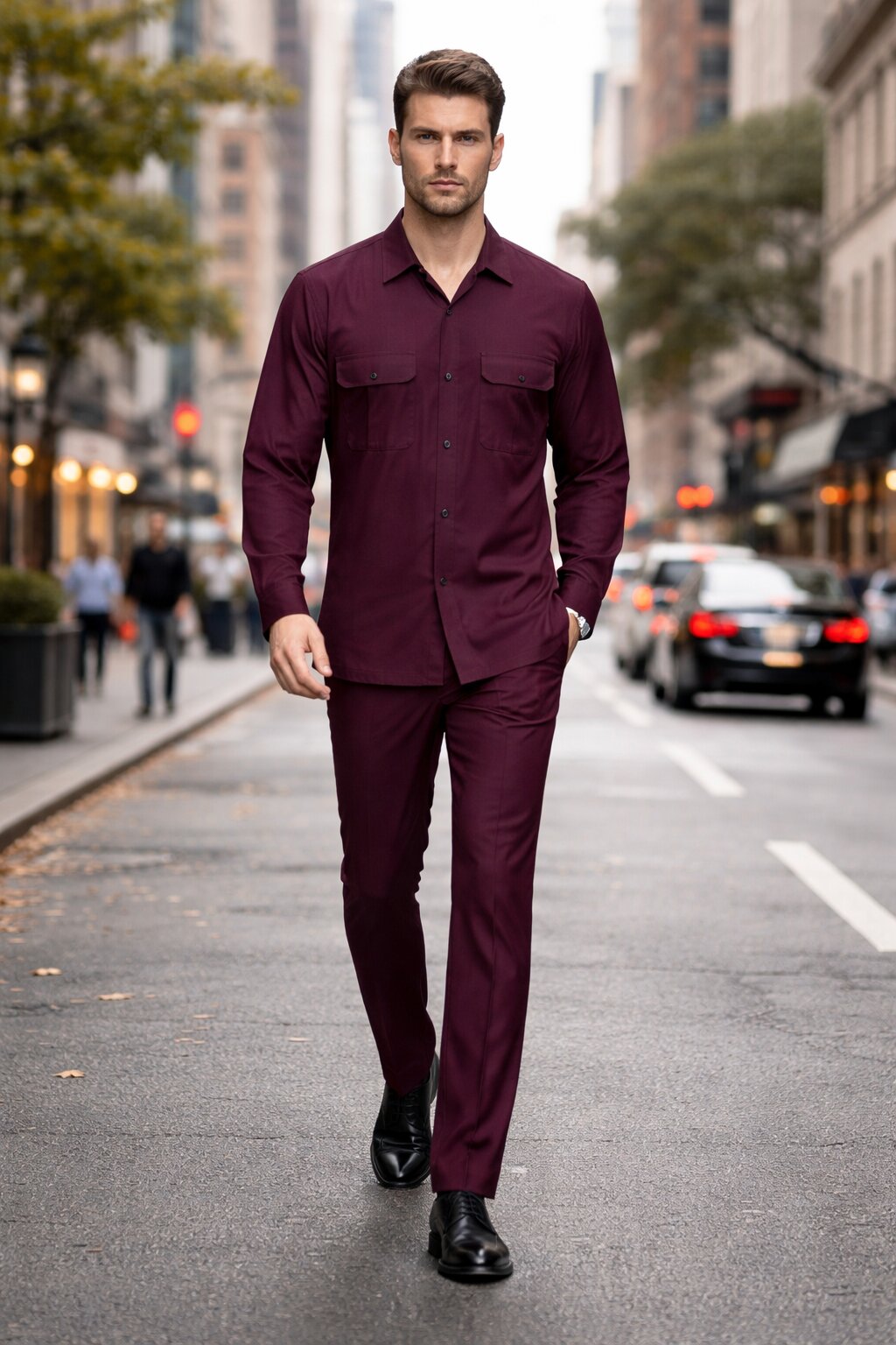 Mens Luxury Burgundy Wool Two-Piece Leisure Walking Suit - Image 4