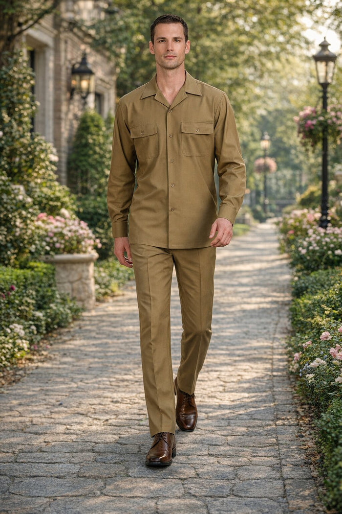 Mens Luxury Caramel Wool Two-Piece Leisure Walking Suit - Image 4
