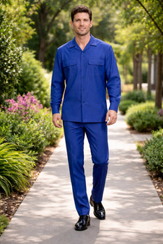 Mens Luxury Sapphire Blue Wool Two-Piece Leisure Walking Suit - Image 4