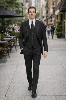 3 Piece Gangster Stripe Mars Vested Fashion Suit Black - Image 3