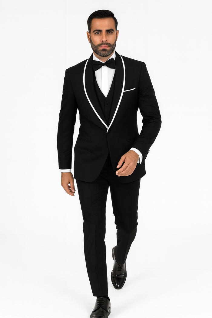 Men's Trimmed Shawl Lapel Blazer Dinner Jacket Black Vested Sport Coat - Image 6