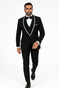 Men's Trimmed Shawl Lapel Blazer Dinner Jacket Black Vested Sport Coat - Image 6