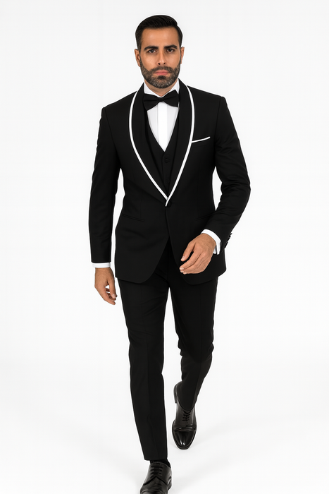 Men's Trimmed Shawl Lapel Blazer Dinner Jacket Black Vested Sport Coat