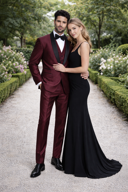 Burgundy Shiny Tuxedo Vested Suit - Sateen Sharkskin Fabric Groom Suit - Image 5