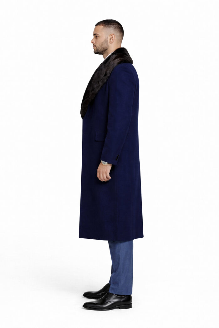 Dark Navy Blue Overcoat ~ Long Men's Dress Topcoat -  Winter coat With Fur Collar in and Fabric - Image 2