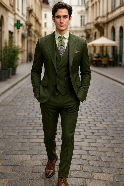 Classic Wool Fabric Fit - Pleated Pants - Peak Lapel With Double Breasted Vest - Athletic Fit Solid Olive Mens Suit - Image 3