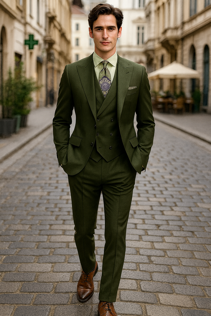 Classic Wool Fabric Fit - Pleated Pants - Peak Lapel With Double Breasted Vest - Athletic Fit Solid Olive Mens Suit - Image 3