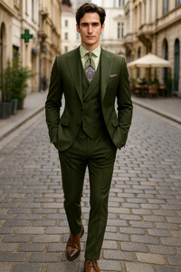 Classic Wool Fabric Fit - Pleated Pants - Peak Lapel With Double Breasted Vest - Athletic Fit Solid Olive Mens Suit
