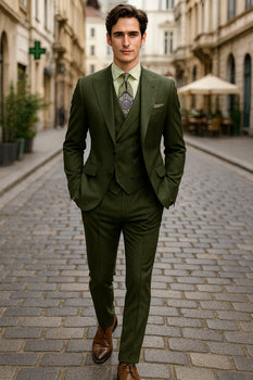 Classic Wool Fabric Fit - Pleated Pants - Peak Lapel With Double Breasted Vest - Athletic Fit Solid Olive Mens Suit - Image 3