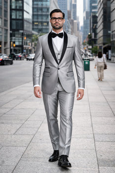 Men'S Shiny Sharkskin Tuxedo Silver Gray ~ Light Grey Black Lapel Two Toned Vested Tuxedo - Mens Grey And Black Tuxedo Wedding - Charcoal Grey Tuxedo - Image 3