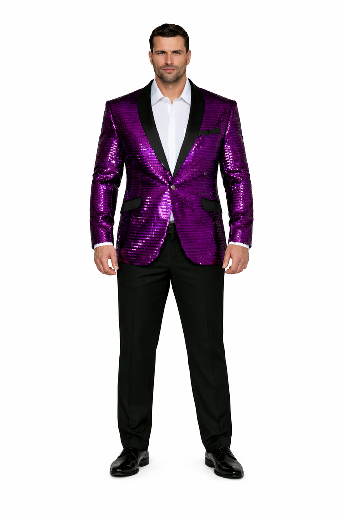 Men'S Purple Shiny Sequin Paisley 1 Button Blazer Dinner Jacket Sport Coat Jacket Sharkskin Flashy Stage Available In Peak Lapel - Image 6