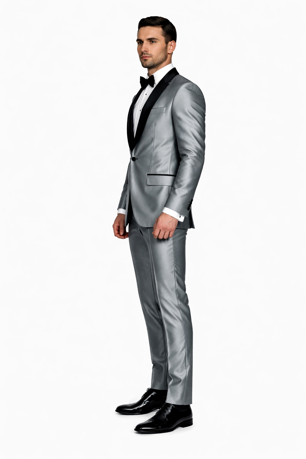 Silver Shiny Tuxedo Vested Suit - Sateen Sharkskin Fabric Groom Suit