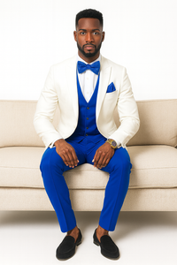 White and Royal Blue Tuxedo Wedding Suit - White Dinner Jacket + Vest + Pants + Bow-tie