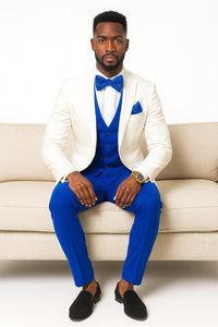 White and Royal Blue Tuxedo Wedding Suit - White Dinner Jacket + Vest + Pants + Bow-tie