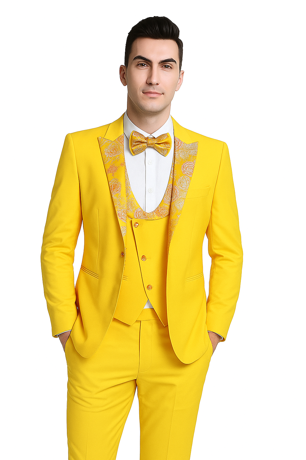 Radiant Golden Bloom Mens 3-Piece Suit with Floral Peak Lapel Modern Fit
