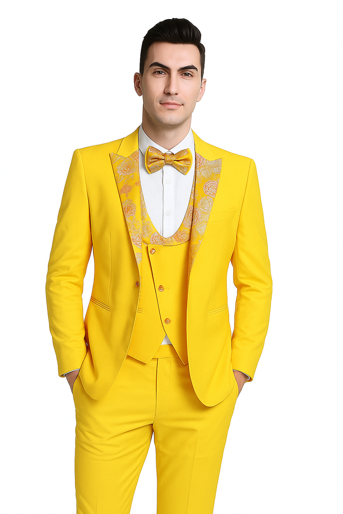 Radiant Golden Bloom Mens 3-Piece Suit with Floral Peak Lapel Modern Fit