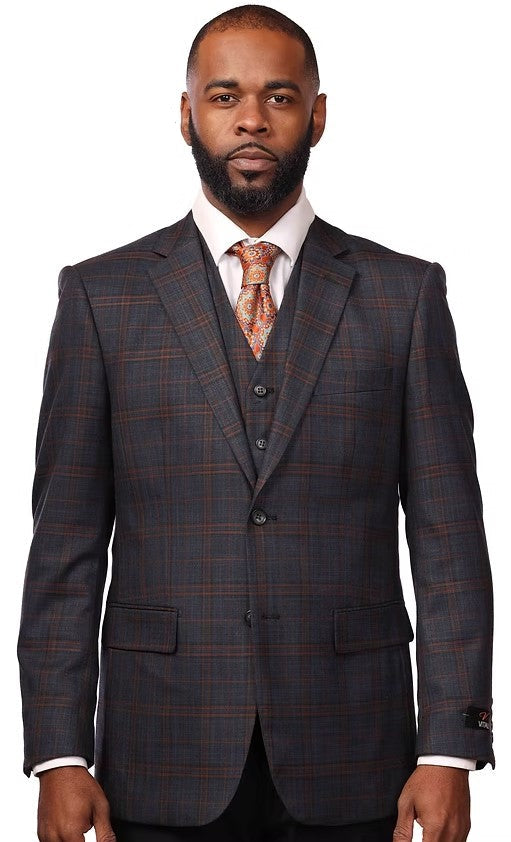 Vitali Charcoal Plaid Modern Fit Vested Suit M2342