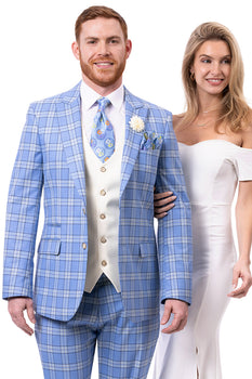 Men's Modern Fit Peak Lapel Contrasting Vest Suit in Light Blue Windowpane Plaid - Image 2