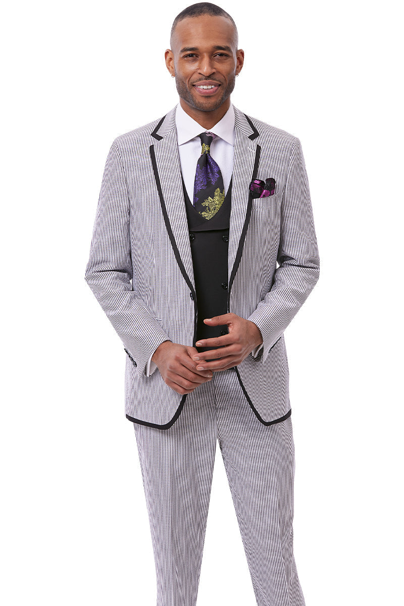 Men's One Button Vested Fashion Seersucker Suit with Double Breasted Vest in Black - Image 2