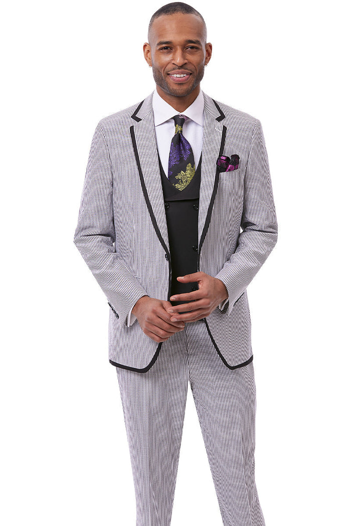 Men's One Button Vested Fashion Seersucker Suit with Double Breasted Vest in Black - Image 2