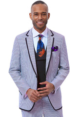 Men's One Button Vested Fashion Seersucker Suit with Double Breasted Vest in Blue